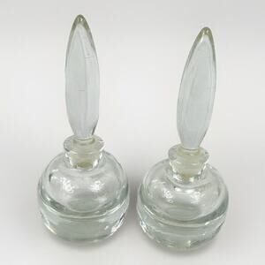 Vintage Pair of Glass Perfume Bottle Tall Flame Stopper Round Ball Inkwell Base